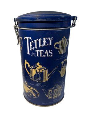 Tetley Teas Tin Canister 150th Anniversary Hinged Lid Blue & Gold Teapots 1987